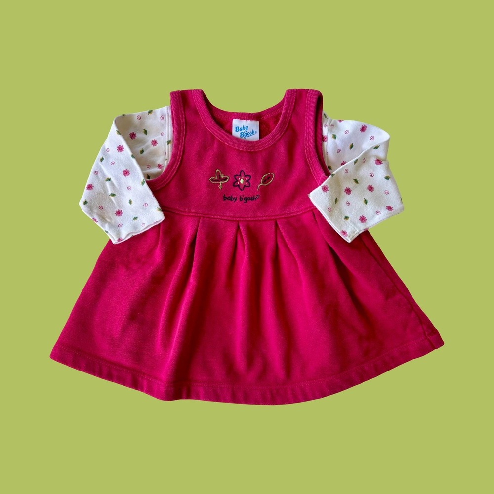 Vintage Oshkosh Baby B'Gosh Hot Pink Floral Dress and Shirt Set Size 9 Months